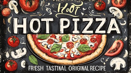 Colorful pizza graphic design with fresh ingredients.