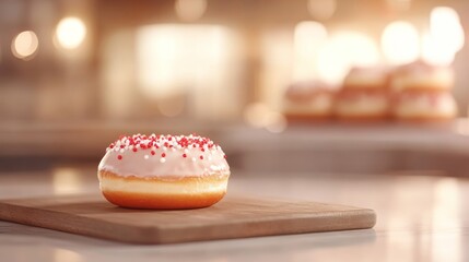 Brightly lit donut with red and white sprinkles rests on wooden board, showcasing its glaze, with a blurred background of more donuts creating depth