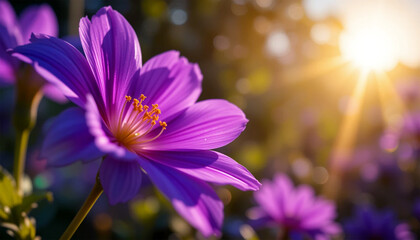 Fototapeta premium Close up of a vibrant purple flower with a bright sunlit background in a natural outdoor setting