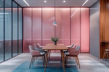 Modern meeting room with a pink wall and wooden table