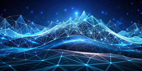 A vast digital terrain showcases interconnected lines and luminous points, forming a stunning mountain range against a dark night sky. The scene conveys a sense of depth and modernity