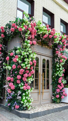 Entrance to building is decorated with garland of artificial flowers of hydrangeas and geraniums. Street decor of entrance group. Summer wedding decor. Vertical image