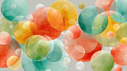   A painting depicts multiple balloons drifting in the sky, releasing bubbles from their bases