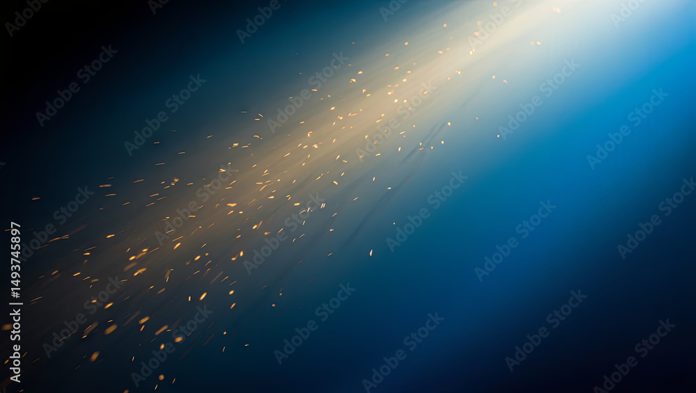 Poster golden particles drift softly through a deep blue background, creating an enchanting display of ligh