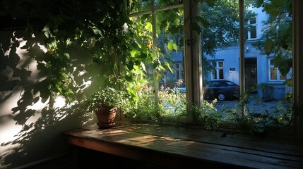 Obraz premium A potted plant on a window sill beside a parked car in the background