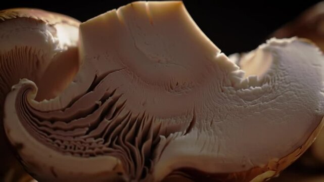 Close Up Of Sliced Mushroom Displaying Gills With Natural Light