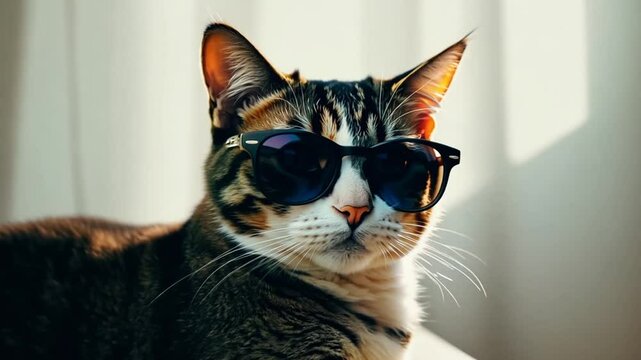Stylish tabby cat wearing dark sunglasses sits indoors with an unbothered expression, exuding confidence and coolness. The image humorously conveys personality
