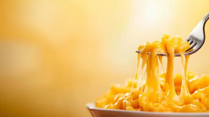 Close-up shot features a fork holding creamy mac and cheese, showcasing melted cheese strands set against a warm pastel yellow background
