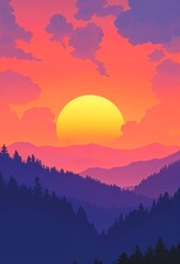 Sunset over mountain landscape illustration. Nature travel and vacation concept art. Vibrant sky with layered hills and pine forest scene.