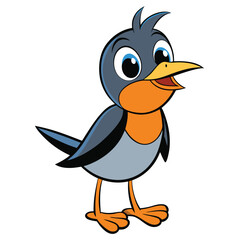 Playful cartoon bird with blue feathers and big eyes stands happily looking forward