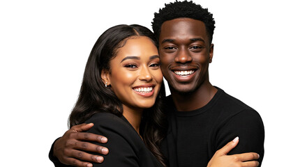 Cheerful interracial couple is warmly embracing in a  portrait.  Their smiles and expression project happiness and affection.