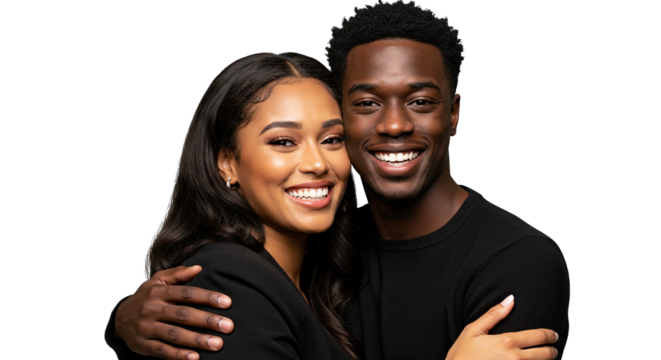 Cheerful interracial couple is warmly embracing in a  portrait.  Their smiles and expression project happiness and affection.
