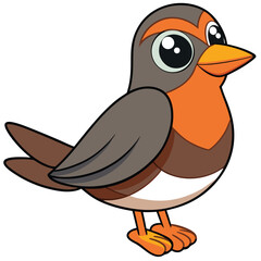 Cute cartoon robin with big eyes stands facing right in a simple pose
