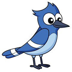 Cheerful cartoon blue jay stands confidently, its big eyes adding to its charm