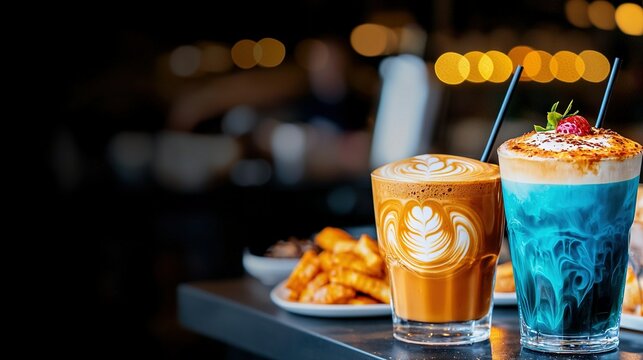   A few drinks on a table with strawberries on a plate nearby