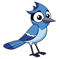 Cartoon blue jay stands with a curious expression and big eyes
