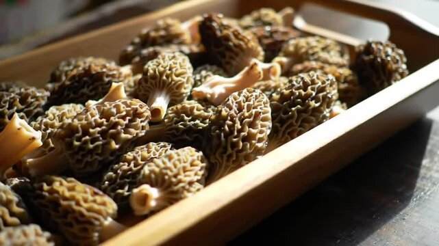 Harvested Morels In Wooden Tray Displaying Texture And Intricate Details