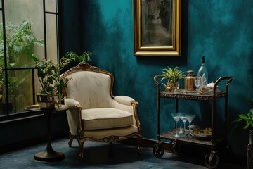 Cream armchair, dark teal wall, vintage bar cart