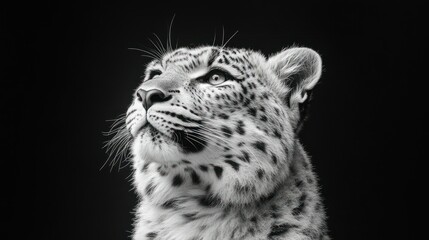 Obraz premium Black and white close-up of a leopard looking upwards