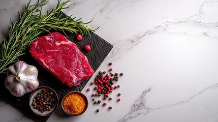   A slab of meat resting on a cutting board with surrounding spices and garlic & pepper