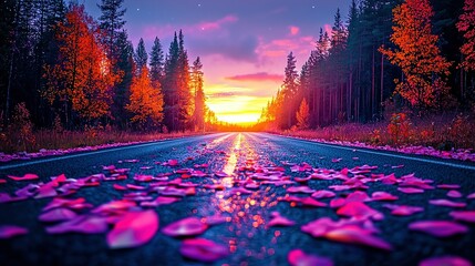   The sun sets on a leaf-strewn road next to tree-lined surroundings
