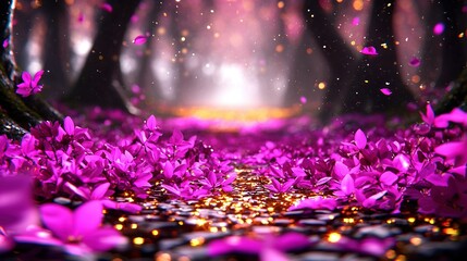   A spacious chamber brimming with copious amounts of lilac and golden decorative elements strewn across a radiant carpet of confetti