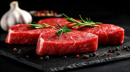   A few chunks of raw meat resting on a cutting board beside a garlic and pepper sprig