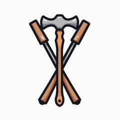 Illustration of a Hammer and Two Mallets Crossed, Depicting Carpentry and Woodworking Tools