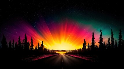   Sunset on road with trees in fg, star-filled sky in bkg