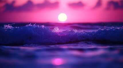   A close-up photo of an ocean wave, with the sun setting behind it and the water in front