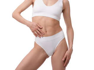 Woman with perfect slim body on white background, closeup