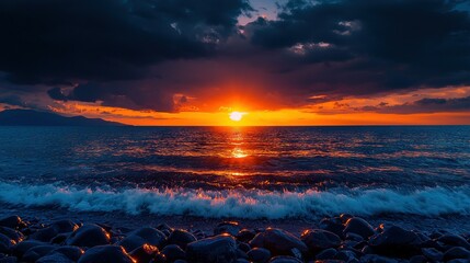   A stunning sunset scene featuring a body of water with rocks, a mountain in the distance, and clouds above