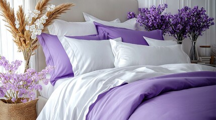   A bed with a purple comforter and white pillowcases, next to a vase with purple flowers and a woven basket filled with purple and white blossoms