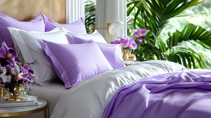  A bed with purple and white sheets and pillows and a vase of purple and white flowers on a table