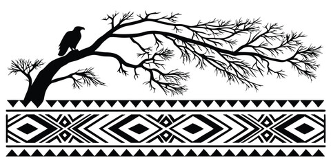 Fototapeta premium Silhouette of an eagle perched on a barren tree branch with tribal geometric pattern