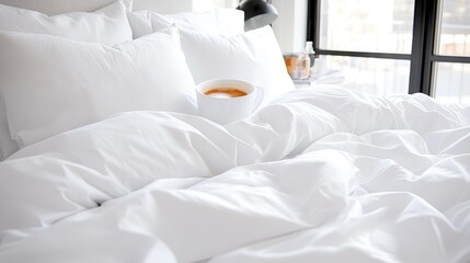   A coffee cup on a white comforter, beside a bed with a window in the background