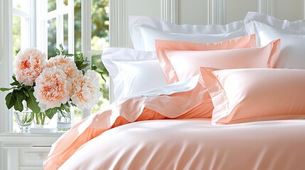   A vase of flowers sits next to a bed with peach-colored sheets and comforter on it