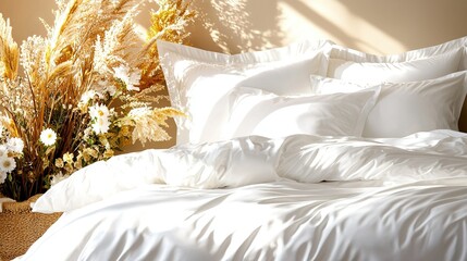   A close-up image of a bed with multiple pillows and a vase of flowers beside it
