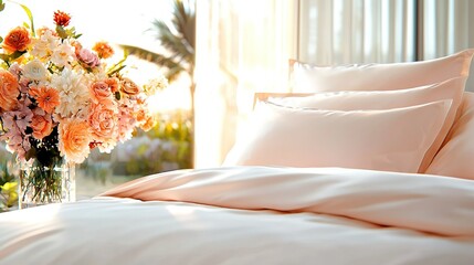   A vase brimming with blossoms rests beside pillows and atop a bed, an extra pillow on top
