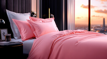  A pink comforter and pillows adorn a cozy bed, framed by a window showcasing a breathtaking cityscape