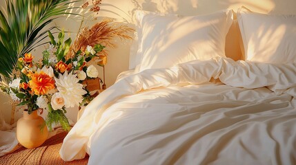  A white sheeted bed with orange-white pillows and an orange-white flower vase beside it