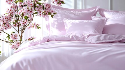   A close-up of a pink comforter on a bed with pillows, against a tree with pink flowers in the background