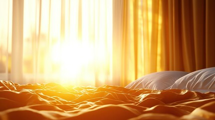   The sun shines brightly through the drapes on a bed with a yellow comforter and pillows