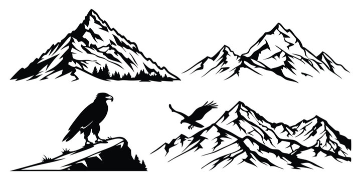 Majestic himalayan mountain range illustrations with eagles perched and in flight
