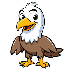 Cheerful cartoon eagle smiles sweetly, showing its golden beak and brown feathers to everyone