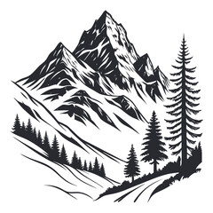 Fototapeta premium Himalayan mountain black and white mountain landscape with pine trees and winding path