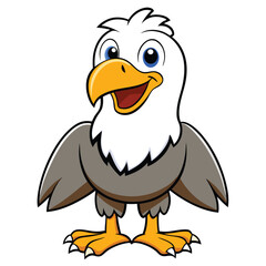 Happy cartoon eagle stands with a big smile and bright blue eyes cheerfully