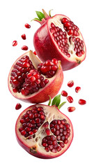 flying pomegranate and half slices isolated on transparent white background png, clipping path