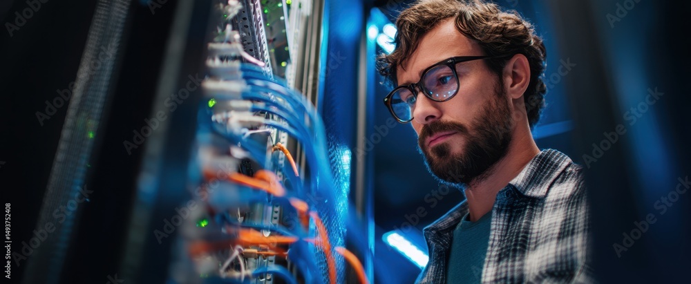Poster the focused technician working on complex network server systems.