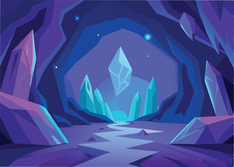 crystal cave glowing in purple and blue